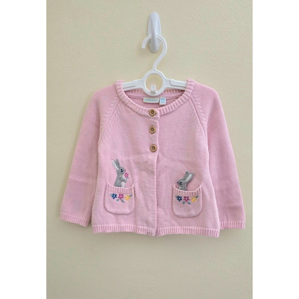 VGUC JoJo Maman Bébé Pink Bunny Appliqué Cardigan, 18/24